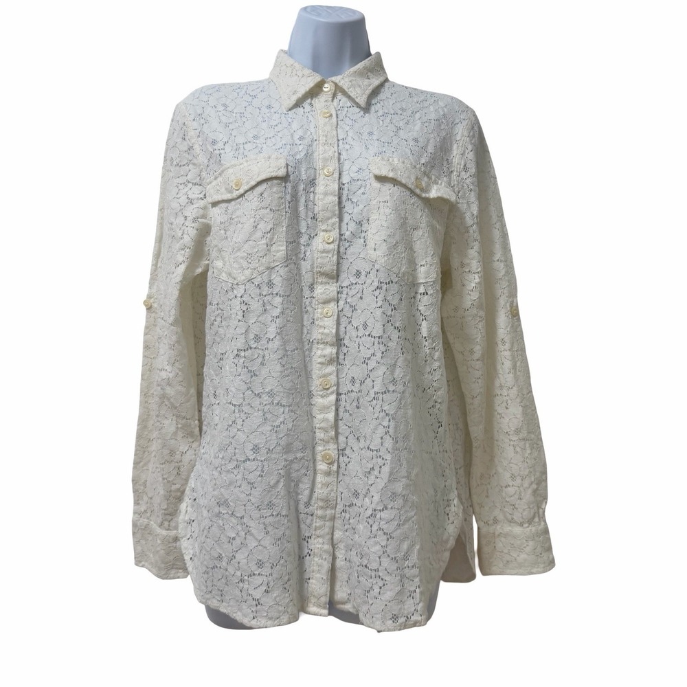 Ralph Lauren Denim & Supply Lace Peasant Button Up Blouse Size L Ivory Boho